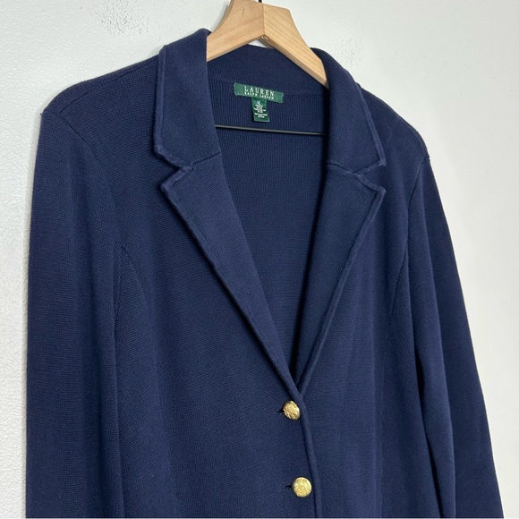 Lauren Ralph Lauren 100% Cotton Sweater Knit Blazer Navy Blue XL Preppy Gold - Picture 2 of 11